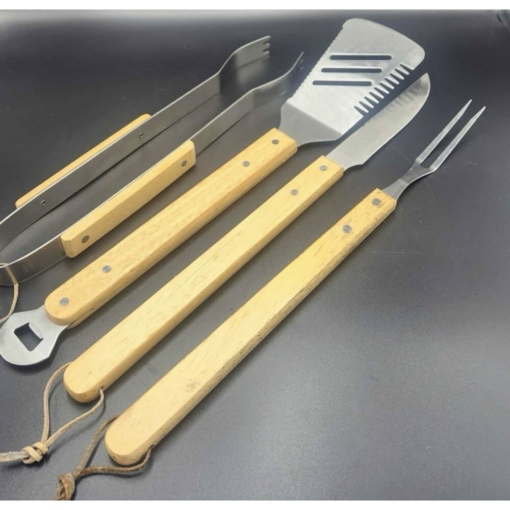 Vintage New Eco Friendly BBQ Grill Set Natural Bamboo/Stainless Steel